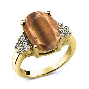 Authentic 4.33 Ct Oval Brown Tiger Eye White Diamond 18K Yellow Gold Plated Silver Ring