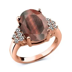 Authentic Crimson Vision Tiger Eye Amulet Ring – 4.33 Ct Oval Red Tiger Eye with White Diamond, Rose‑Gold Aura Shield
