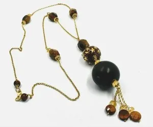 Authentic 925 Sterling Silver Gold Plated Necklace Ebony Tiger Eye Citrine Enamel 75 cm
