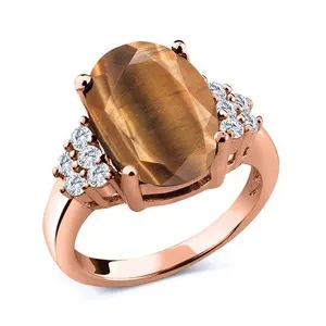Authentic 4.38 Ct Brown Tiger Eye E-F Lab Grown Diamond 18K Rose Gold Plated Silver Ring