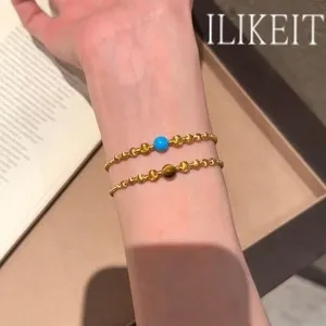 Authentic S925 Silver Gold Plated Boho Layered Bracelet with Turquoise & Tiger Eye Beads
