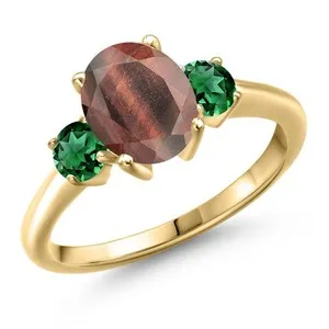 Authentic 18K Yellow Gold Plated Silver Red Tiger Eye and Nano Emerald Engagement Ring