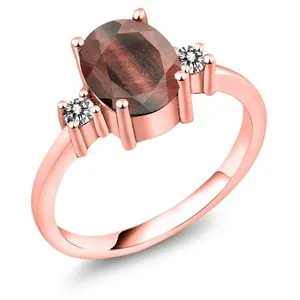 Authentic 1.63 Ct Oval Red Tiger Eye White Diamond 18K Rose Gold Plated Silver Ring