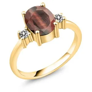 Authentic 1.63 Ct Oval Red Tiger Eye White Diamond 18K Yellow Gold Plated Silver Ring