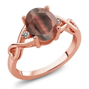 Authentic 1.56 Ct Oval Red Tiger Eye White Diamond 18K Rose Gold Plated Silver Ring