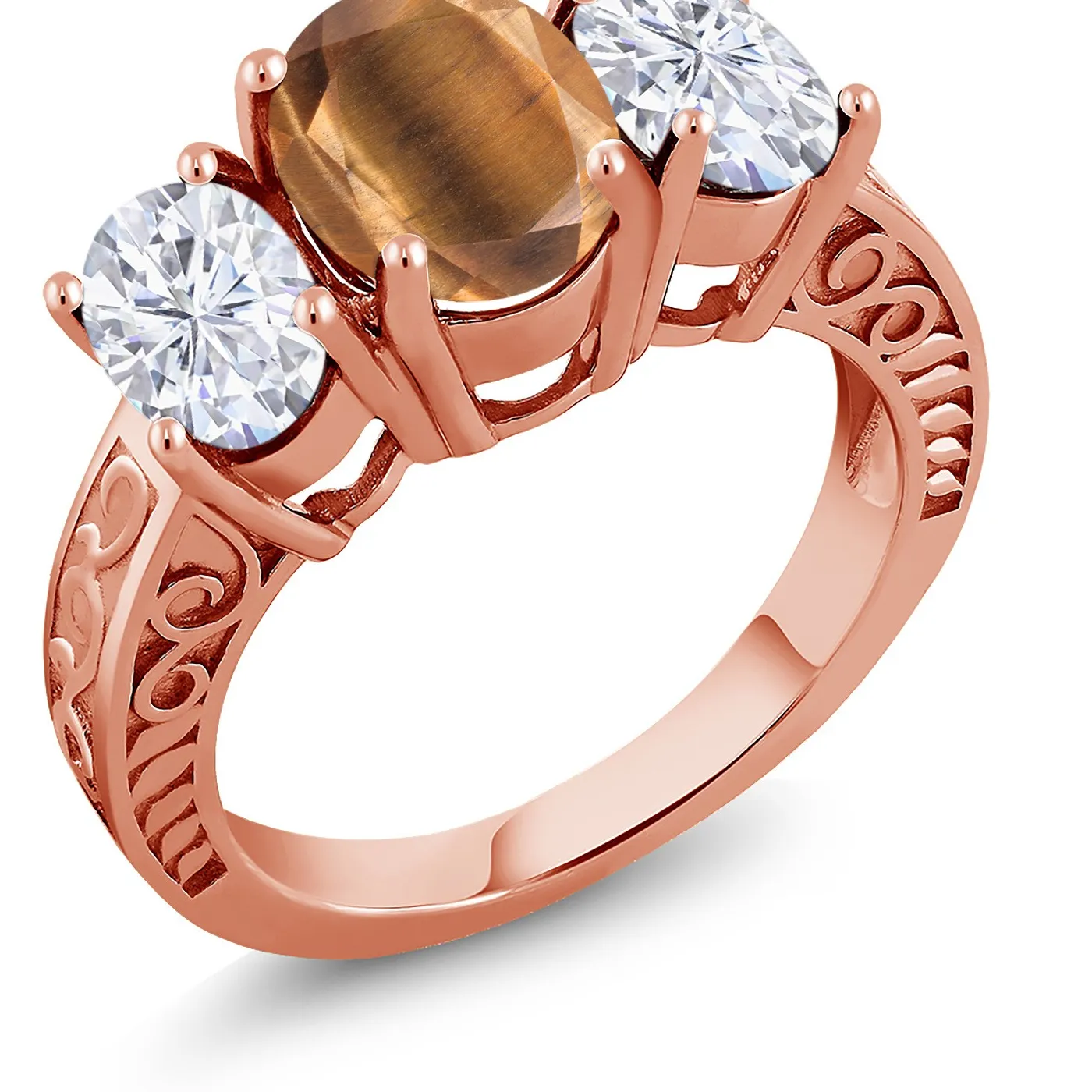 Authentic 18K Rose Gold Plated Silver 3-Stone Ring Tiger Eye Moissanite (3.30 Cttw)