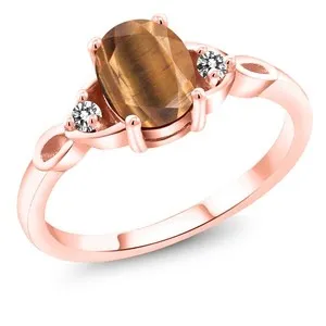 Authentic 18K Rose Gold Plated Silver Brown Tiger Eye and Diamond 3-Stone Rings For Women