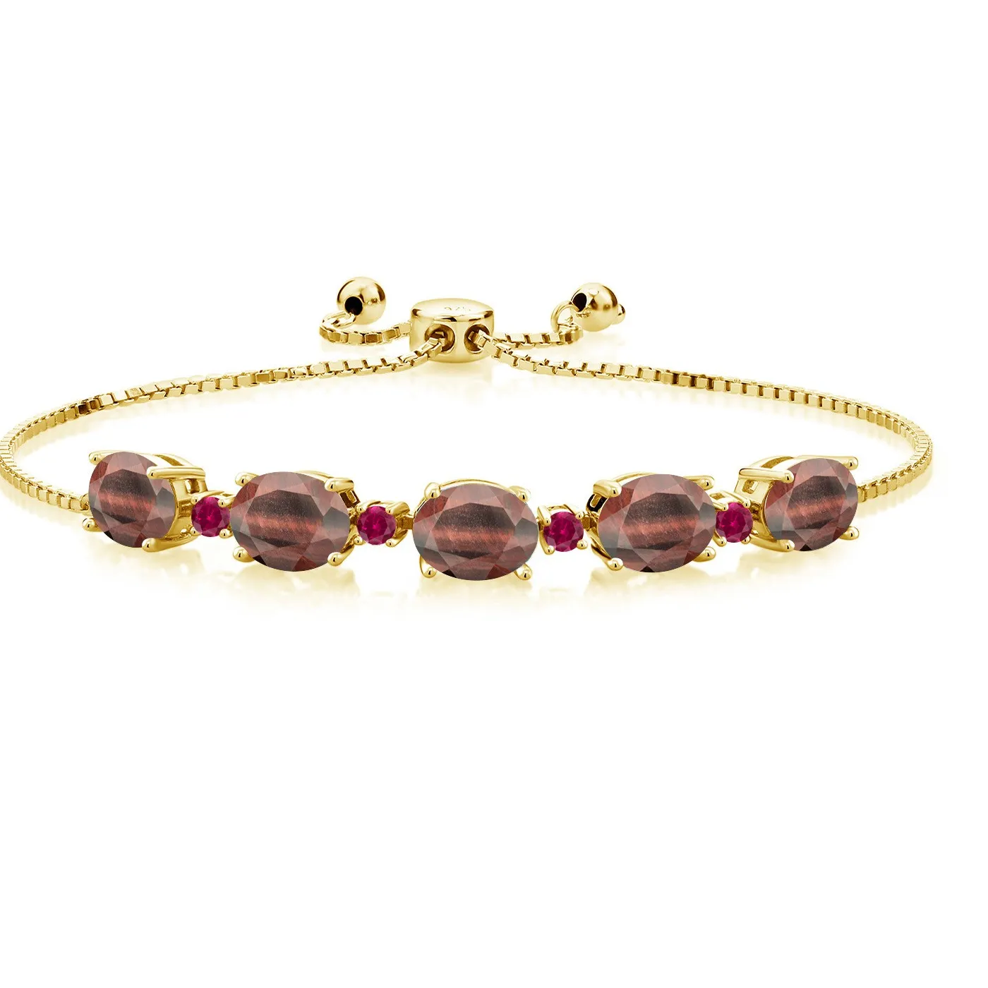 Authentic 6.49 Ct Red Tiger Eye Red Created Ruby 18K Yellow Gold Plated Silver Bracelet
