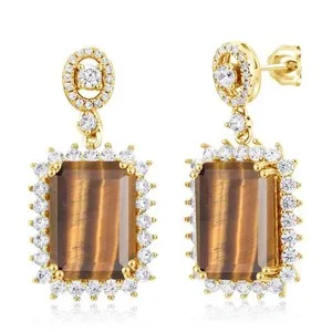 Authentic Gemstone Birthstone Halo Dangle Earrings For Women | 18K Yellow Gold Plated