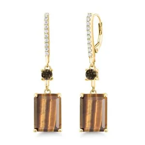 Authentic 13.82 Ct Brown Tiger Eye Smoky Quartz 18K Yellow Gold Plated Silver Earrings