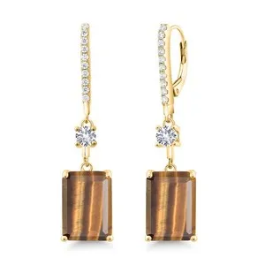 Authentic 13.80 Ct Brown Tiger Eye White Created Sapphire 18K Yellow Gold Plated Silver