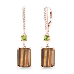 Authentic 13.90 Ct Brown Tiger Eye Green Peridot 18K Rose Gold Plated Silver Earrings