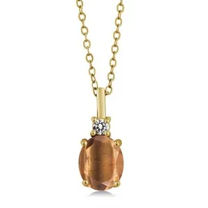 Authentic 1.57 Ct Brown Tiger Eye Diamond 18K Yellow Gold Plated Silver Pendant with Chain