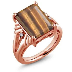 Authentic 6.53 Ct Brown Tiger Eye White Created Sapphire 18K Rose Gold Plated Silver Ring
