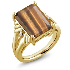 Authentic 6.53 Ct Brown Tiger Eye White Created Sapphire 18K Yellow Gold Plated Silver