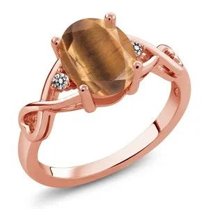 Authentic 1.56 Ct Oval Brown Tiger Eye White Diamond 18K Rose Gold Plated Silver Ring