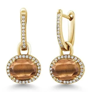 Authentic 3.84 Ct Oval Brown Tiger Eye 18K Yellow Gold Plated Silver Earrings