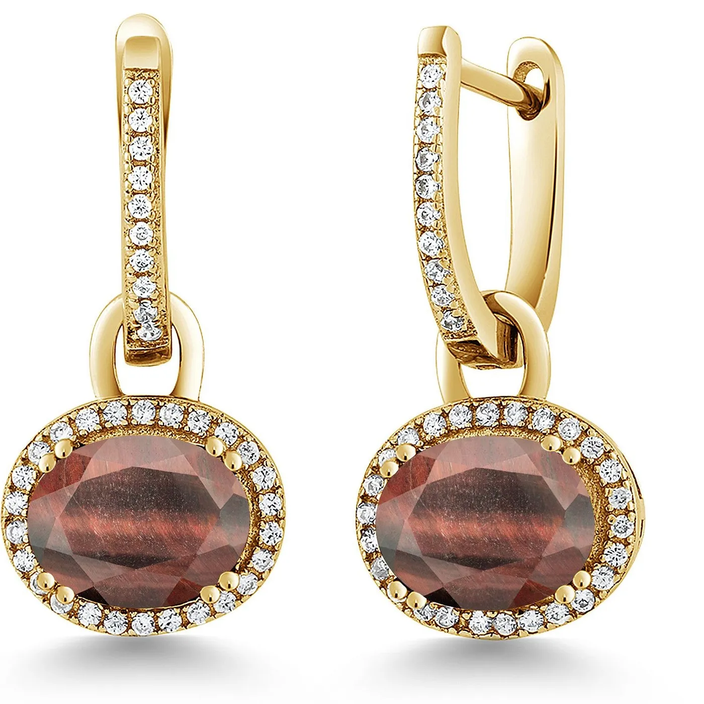 Authentic Solar Flame Talisman: Oval Red Tiger Eye Radiant Gold Earrings