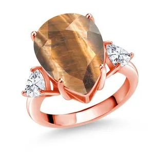 Authentic 18K Rose Gold Plated Silver 3-Stone Ring Tiger Eye Moissanite (7.94 Cttw)