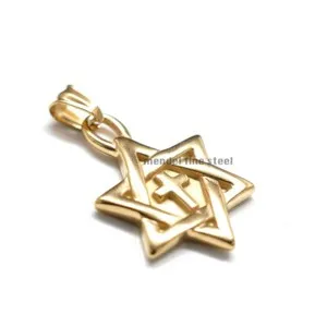 Authentic MENDEL Mens Y2K Gold Plated Tone 6 Point Star of David Cross Pendant Necklace