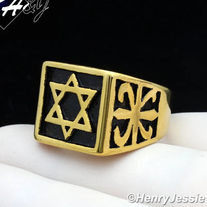 Authentic BIKER MEN Stainless Steel Black/Gold Plated Star of David Square Ring*GR126