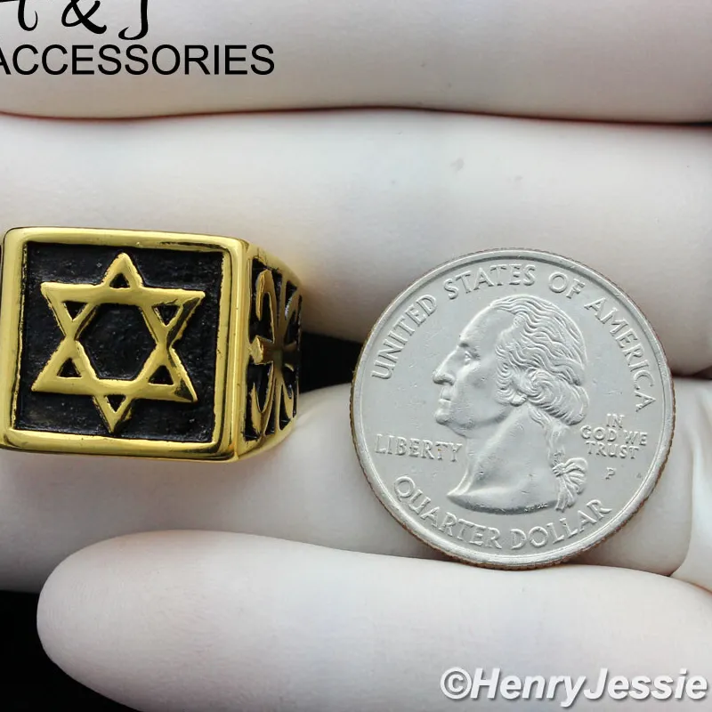 Authentic BIKER MEN Stainless Steel Black/Gold Plated Star of David Square Ring*AGR126