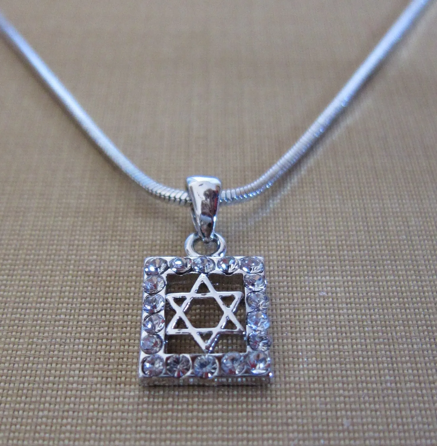 Authentic SQUARE PENDANT NECKLACE CLEAR CRYSTALS STAR OF DAVID WHITE GOLD PLATED