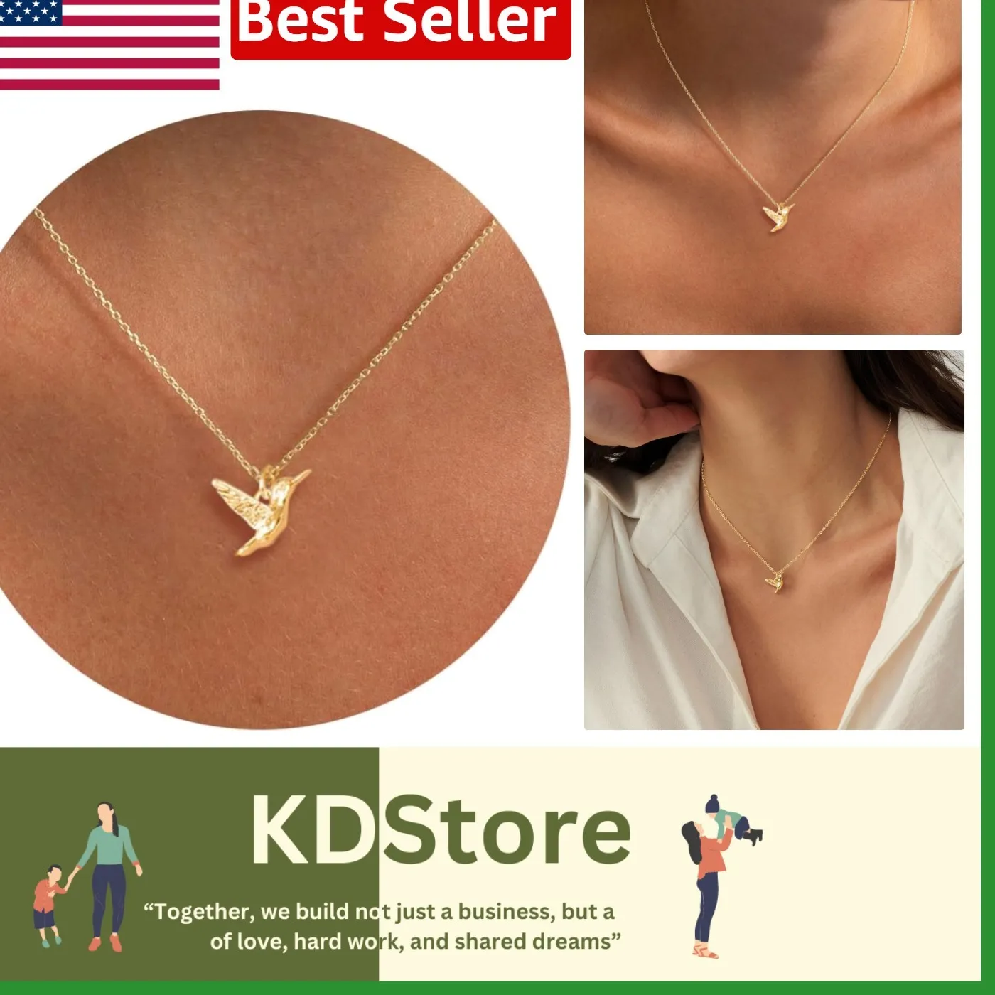 Authentic Gold Plated Dainty Necklace for Women - Hummingbird, Star of David & Sun Pendant