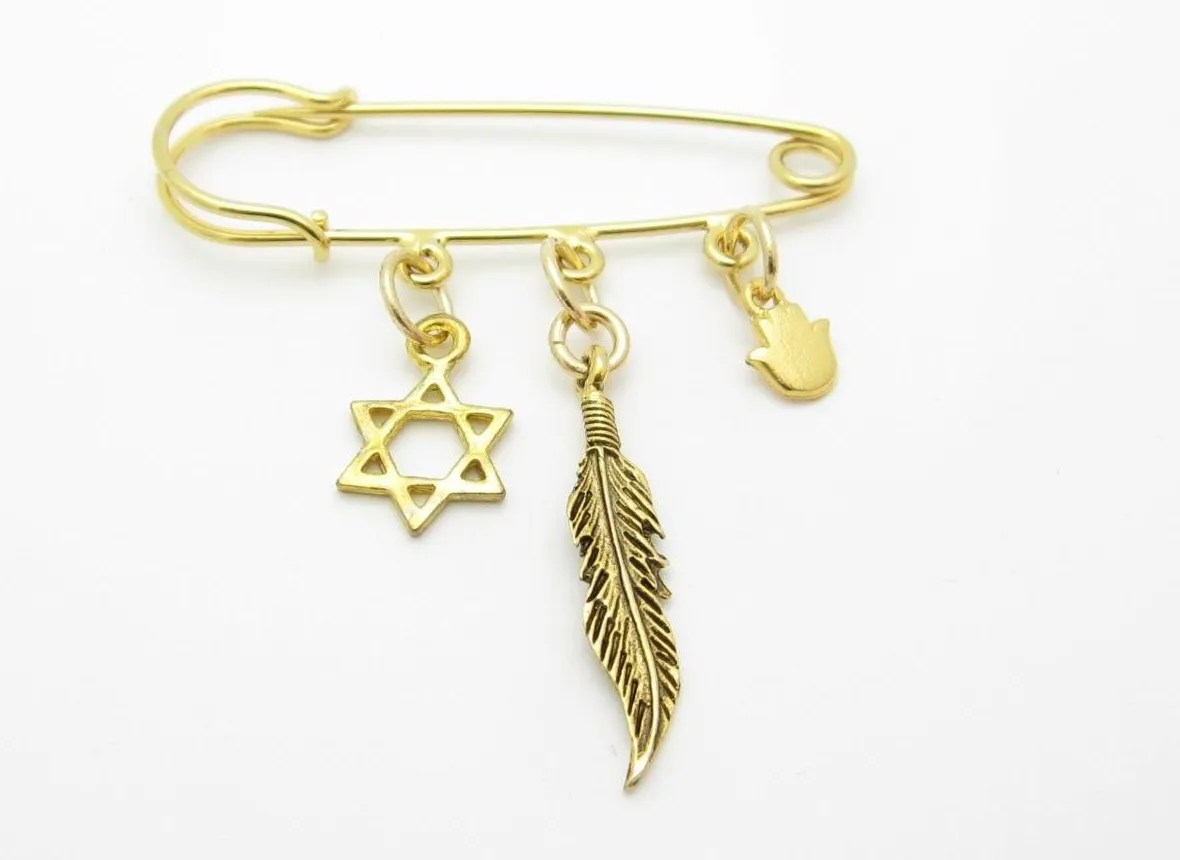 Authentic 18kt Gold Plated Feather Hamsa Star of David Kabbalah Evil Eye Baby Pin Stroller