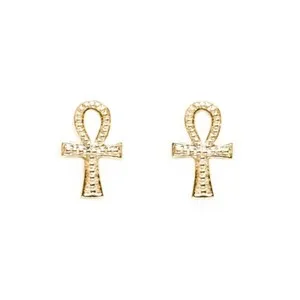 Authentic 14K Gold Plated Sterling Silver Textured Ankh Cross Stud Earrings Gift Box PE52