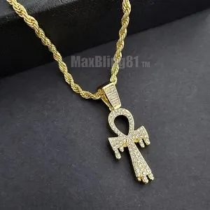 Authentic ICED GOLD PLATED ALLOY CUBIC ZIRCONIA ANKH CROSS PENDANT 24" ROPE CHAIN NECKLACE