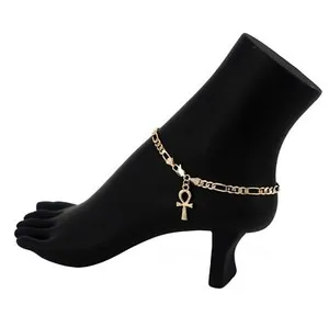 Authentic NEW 11" Figaro Chain Anklet Bracelet Ankh Charm Ankle Bracelet  Gold Plated