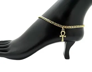Authentic 10" Cuban Chain Anklet Bracelet Ankh Charm Ankle Bracelet 14k Gold Plated