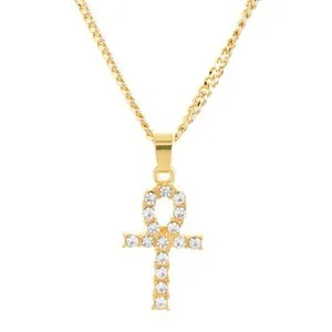 Authentic Men's Gold Plated Iced CZ Mini Ankh Cross Pendant 20 inch Cuban Chain CP 321 G