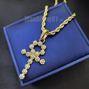 Authentic ANKH CROSS ICED GOLD PLATED CUBIC ZIRCONIA PENDANT & 4mm 30" ROPE CHAIN NECKLACE
