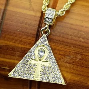 Authentic 14k Gold Plated Ankh Cross 3D Pyramid Iced Bling Out CZ Rope Chain Necklace 24"