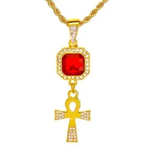 Authentic Gold Plated CZ Red Stone Mini Ankh Cross Pendant w/ 20" Chain Necklace NA 0161 G