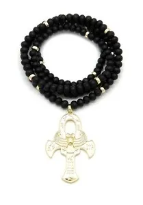 Authentic EGYPTIAN ANKH PIECE WITH 30" WOODEN NECKLACE GOLD PLATED