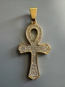 Authentic Gold Plated Cubic Zirconia Egyptian Ankh Cross Pendant Necklace