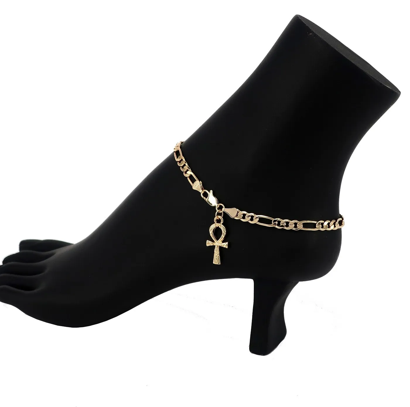 Authentic Celestial Ankh Figaro Anklet – 10" of 14k Gold‑Plated Radiance