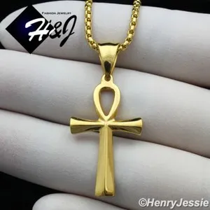 Authentic 16-30"MEN Stainless Steel 2mm Gold Plated Box Chain Ankh Key Cross Pendant*GP112