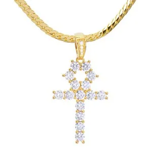 Authentic Bust Down 14K Gold Plated Iced CZ Ankh Cross 24" Miami Cuban Chain BCH 13108 G