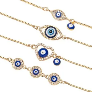 Authentic 4 Pack Evil Eye Bracelets Pack for Women 14K Gold Plated Blue Evil Eye String...