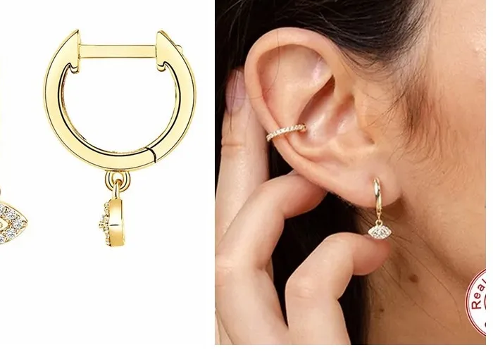 Authentic Vermeil Gold Plated 925 Sterling Silver Evil Eye CZ Pave Hoop earrings YCZ402