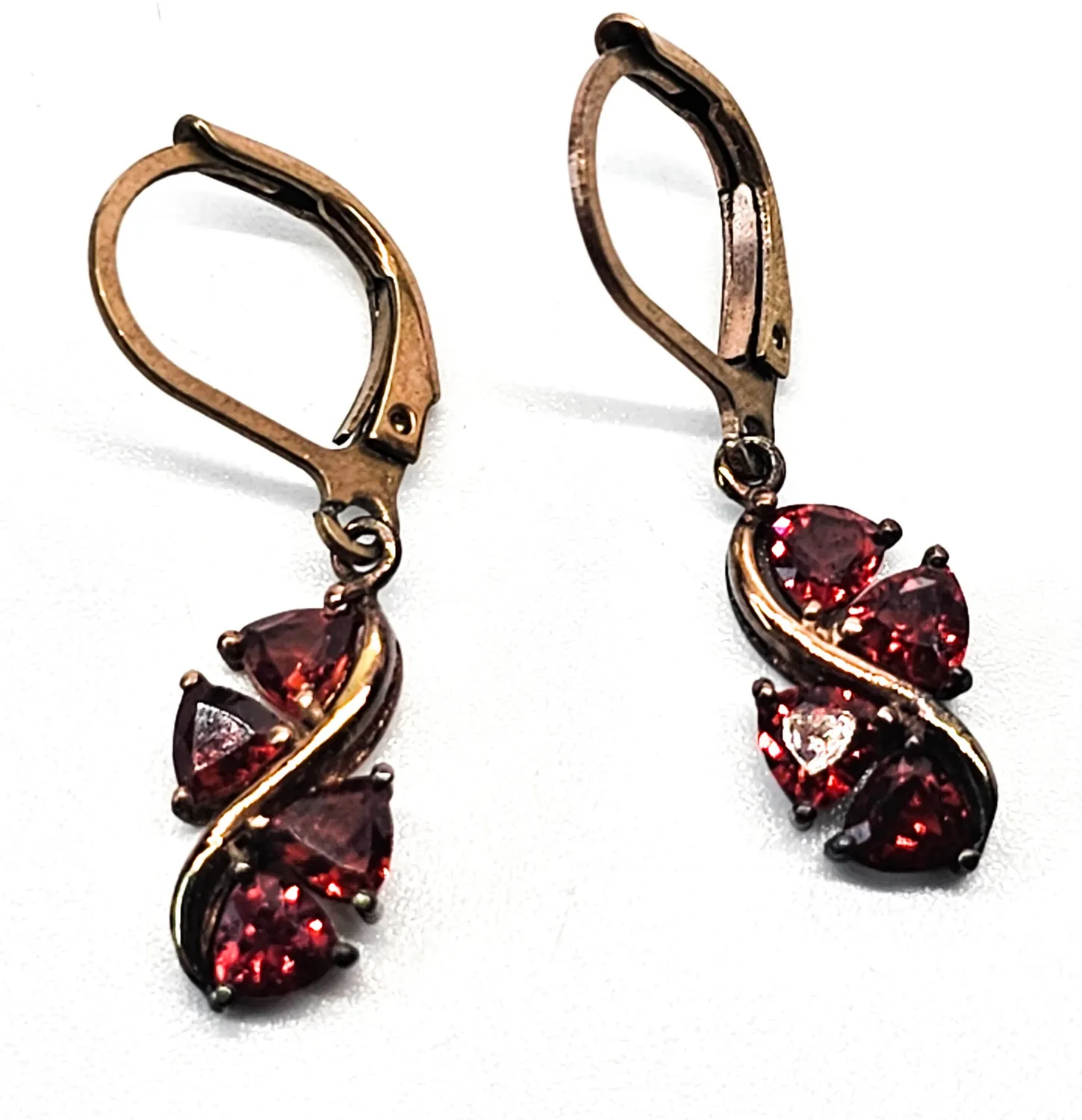 Authentic Karis Rose Gold plated trillium cut synthetic garnet drop earrings