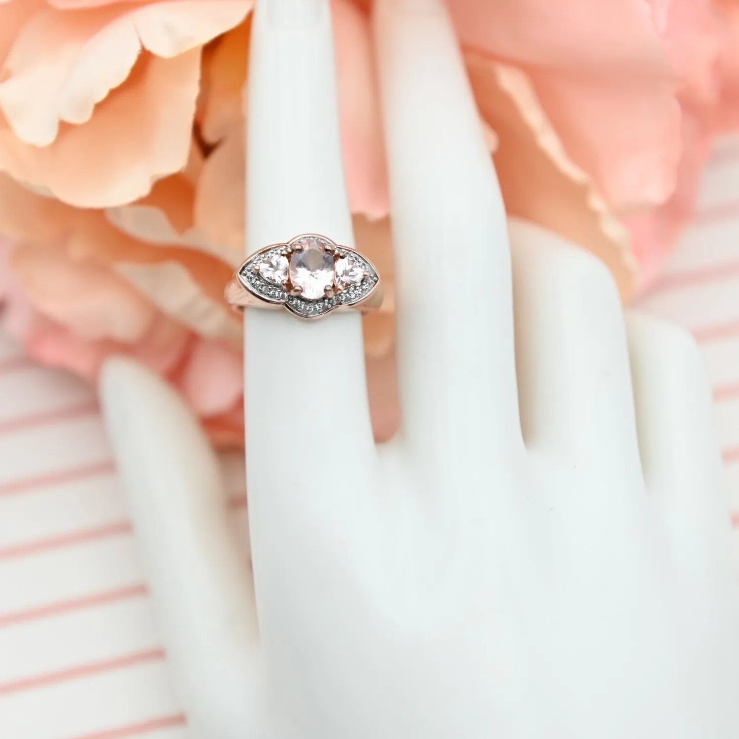 Authentic Peach Garnet W Clear Spinel Surround Rose Gold  Plated Sterling Sz 6.75 Ring KH
