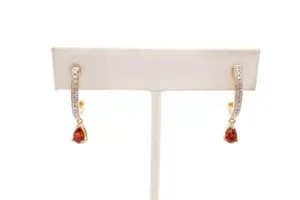 Authentic Gold Plated Sterling Silver 925 Garnet Diamond Dangle Earrings