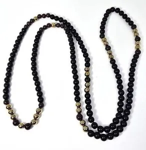 Authentic Black onyx red garnet yellow gold plated long 32 inch 6mm beaded vintage necklac
