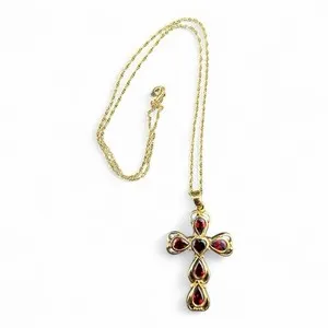 Authentic Vintage Joseph Cleary Gold Plated And Red Garnet Cross Necklace—18 Inch Chain