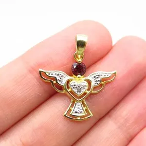 Authentic 925 Sterling Silver Gold Plated Real White Diamond & Red Garnet Angel Pendant